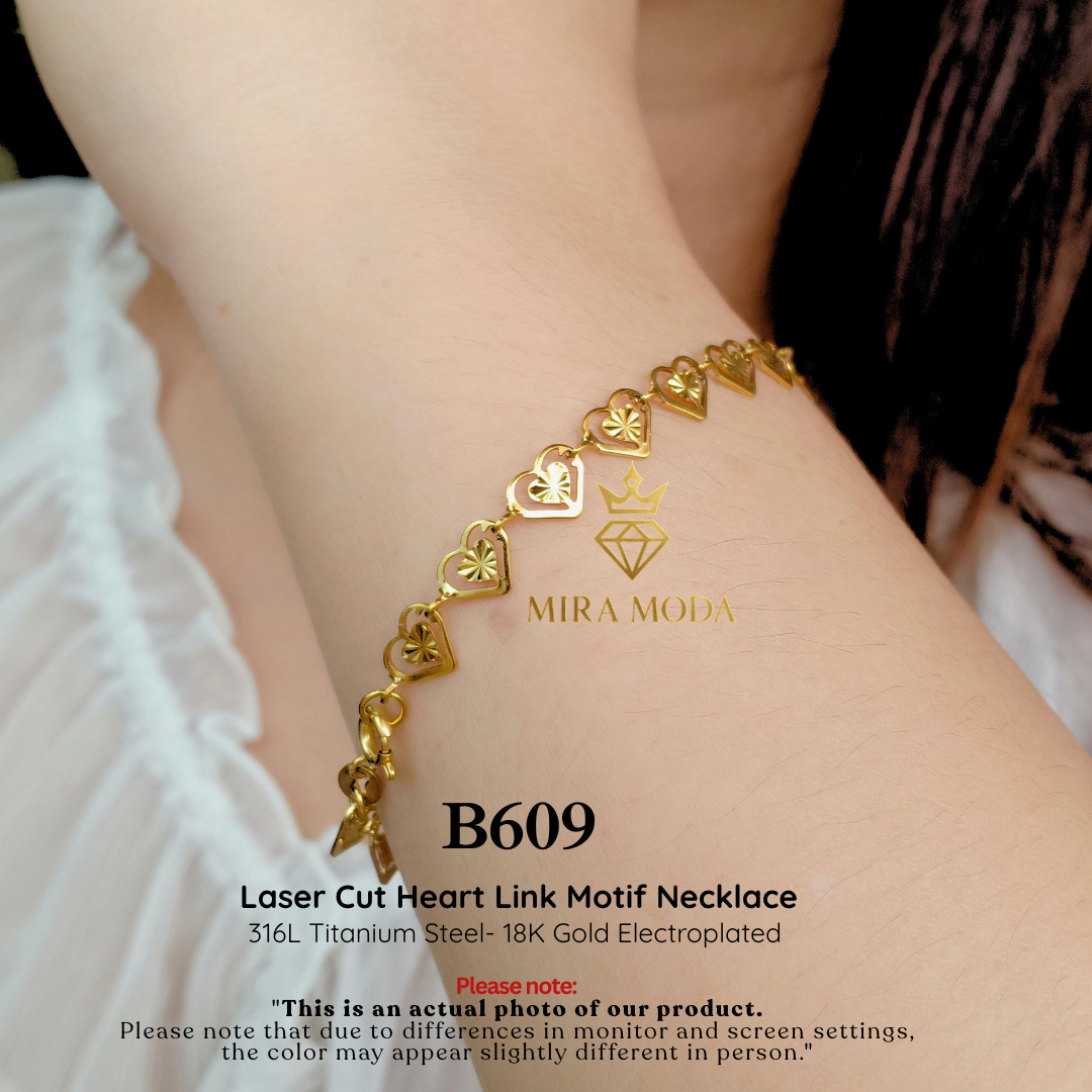B609-Laser Cut Heart Link Bracelet Gold Electroplated Elegant Motif Design 6MM for Women Lightweight | MIRA MODA