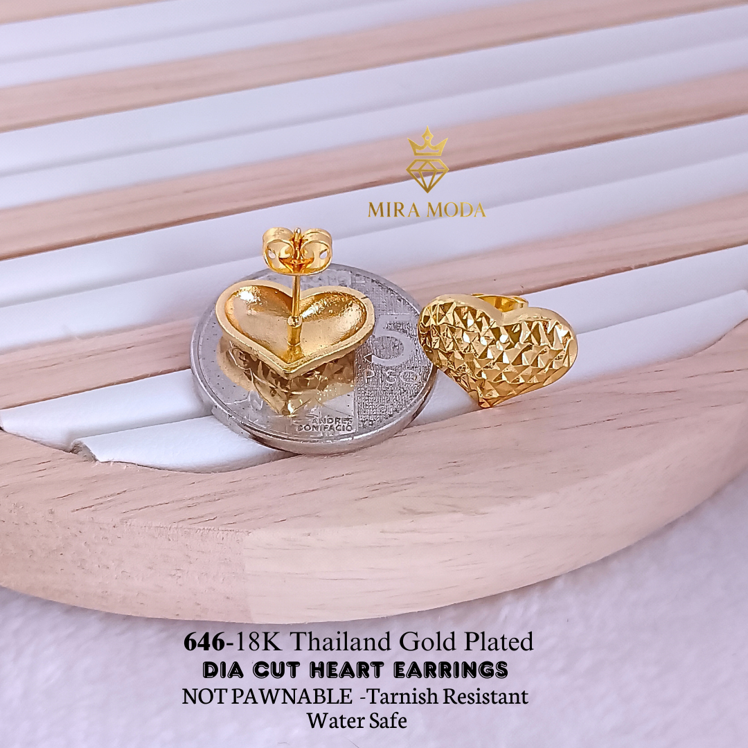 646 Thailand Gold Plated Dia Cut Heart Stud Earrings Water Safe for Women | MIRA MODA