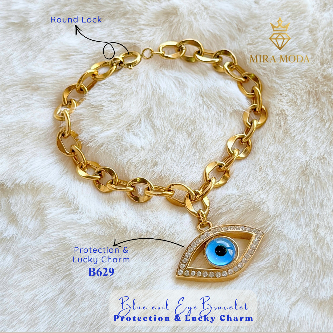 B629 Blue Evil Eye Bracelet Protection & Lucky Charm Chunky Rolo Chain Trendy Aesthetic | MIRA MODA