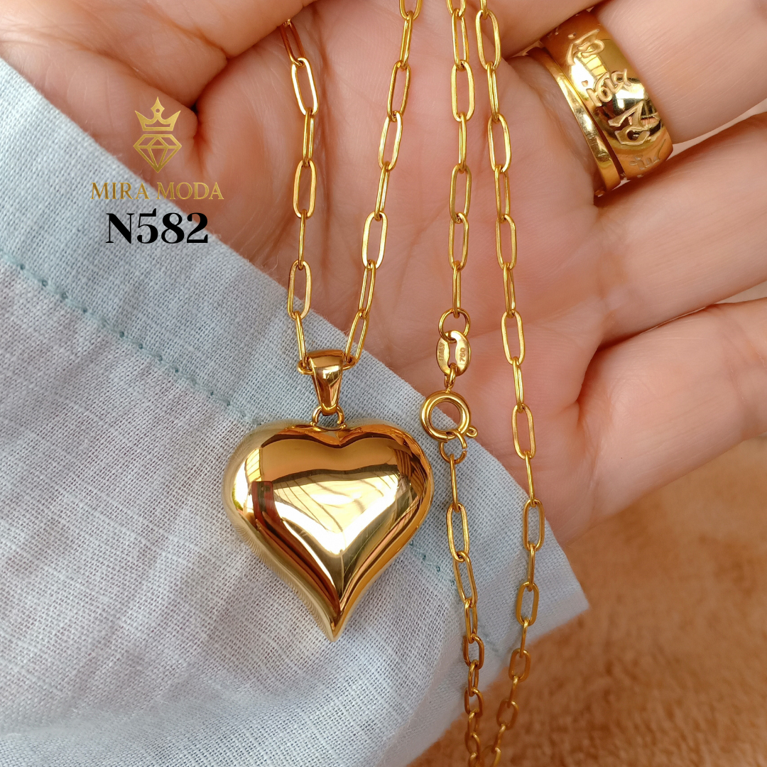N582 Heart Pendant Necklace Gold Plated for Women Paperclip Chain Hypoallergenic Tarnish Resistant | MIRA MODA