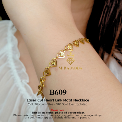 B609-Laser Cut Heart Link Bracelet Gold Electroplated Elegant Motif Design 6MM for Women Lightweight | MIRA MODA