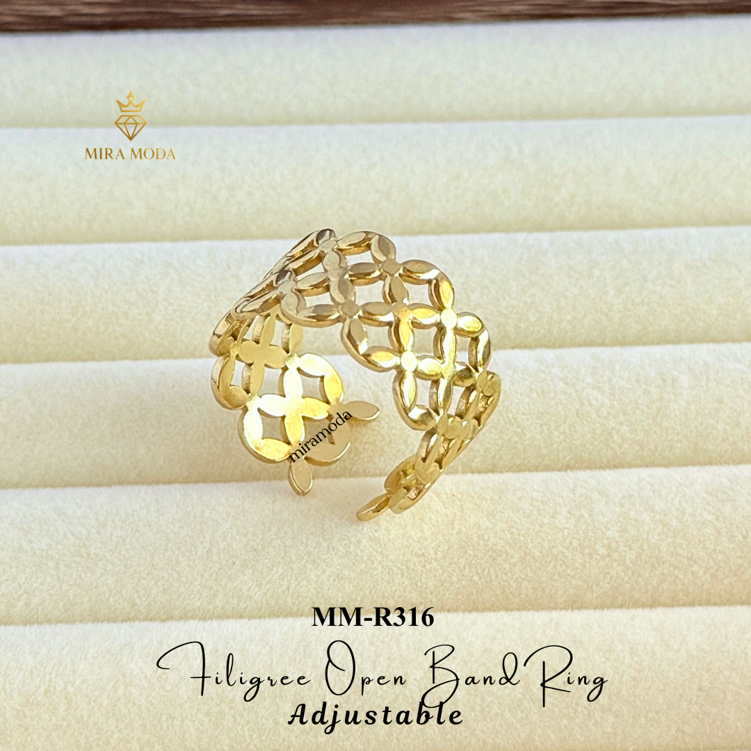R316 Flower Adjustable Open Ring Filigree Statement for Men & Women