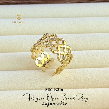 R316 Flower Adjustable Open Ring Filigree Statement for Men & Women