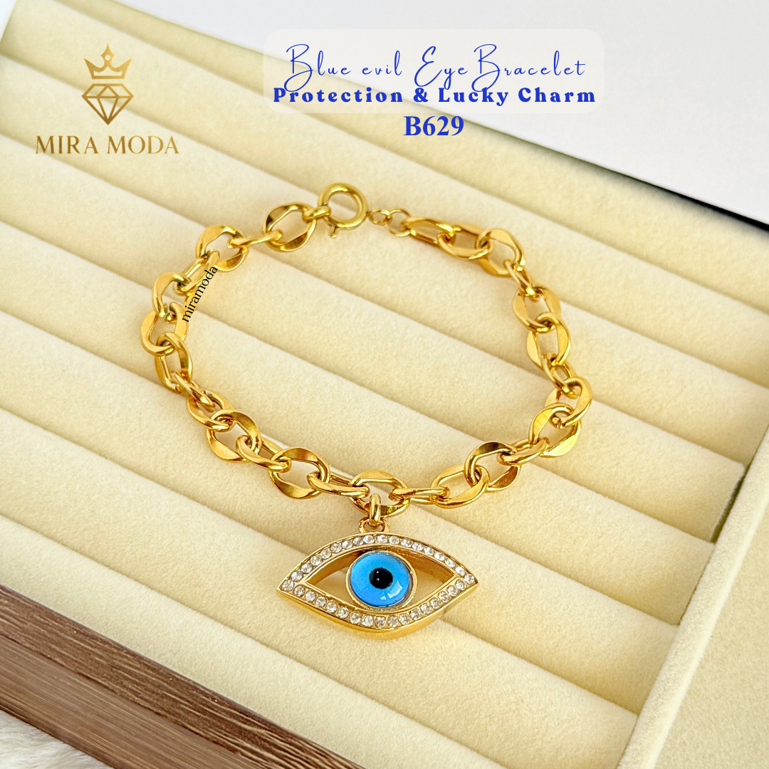 B629 Blue Evil Eye Bracelet Protection & Lucky Charm Chunky Rolo Chain Trendy Aesthetic | MIRA MODA