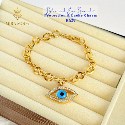 B629 Blue Evil Eye Bracelet Protection & Lucky Charm Chunky Rolo Chain Trendy Aesthetic | MIRA MODA