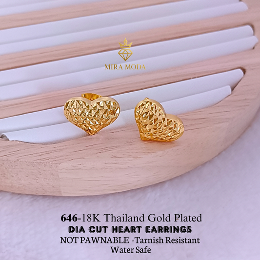 646 Thailand Gold Plated Dia Cut  Heart Stud Earrings Water Safe for Women | MIRA MODA
