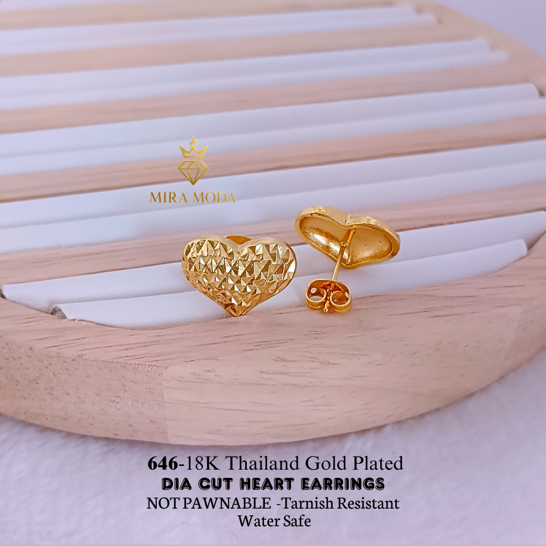 646 Thailand Gold Plated Dia Cut  Heart Stud Earrings Water Safe for Women | MIRA MODA