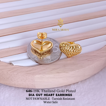 646 Thailand Gold Plated Dia Cut  Heart Stud Earrings Water Safe for Women | MIRA MODA