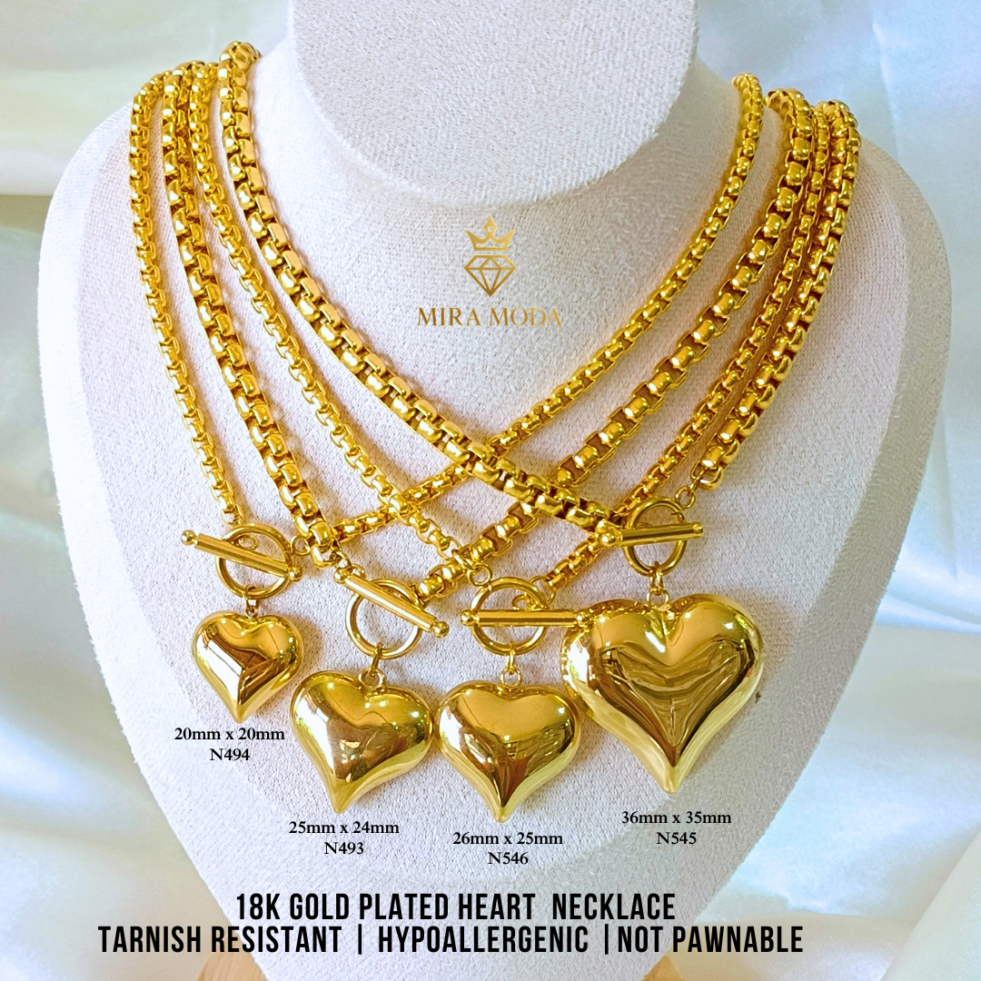 N493 Big Heart 18 Inches 18K Gold Plated Necklace for Women Hypoallergenic N494 N546 N545 | MIRA MODA