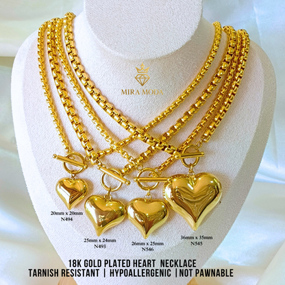 N493 Big Heart 18 Inches 18K Gold Plated Necklace for Women Hypoallergenic N494 N546 N545 | MIRA MODA