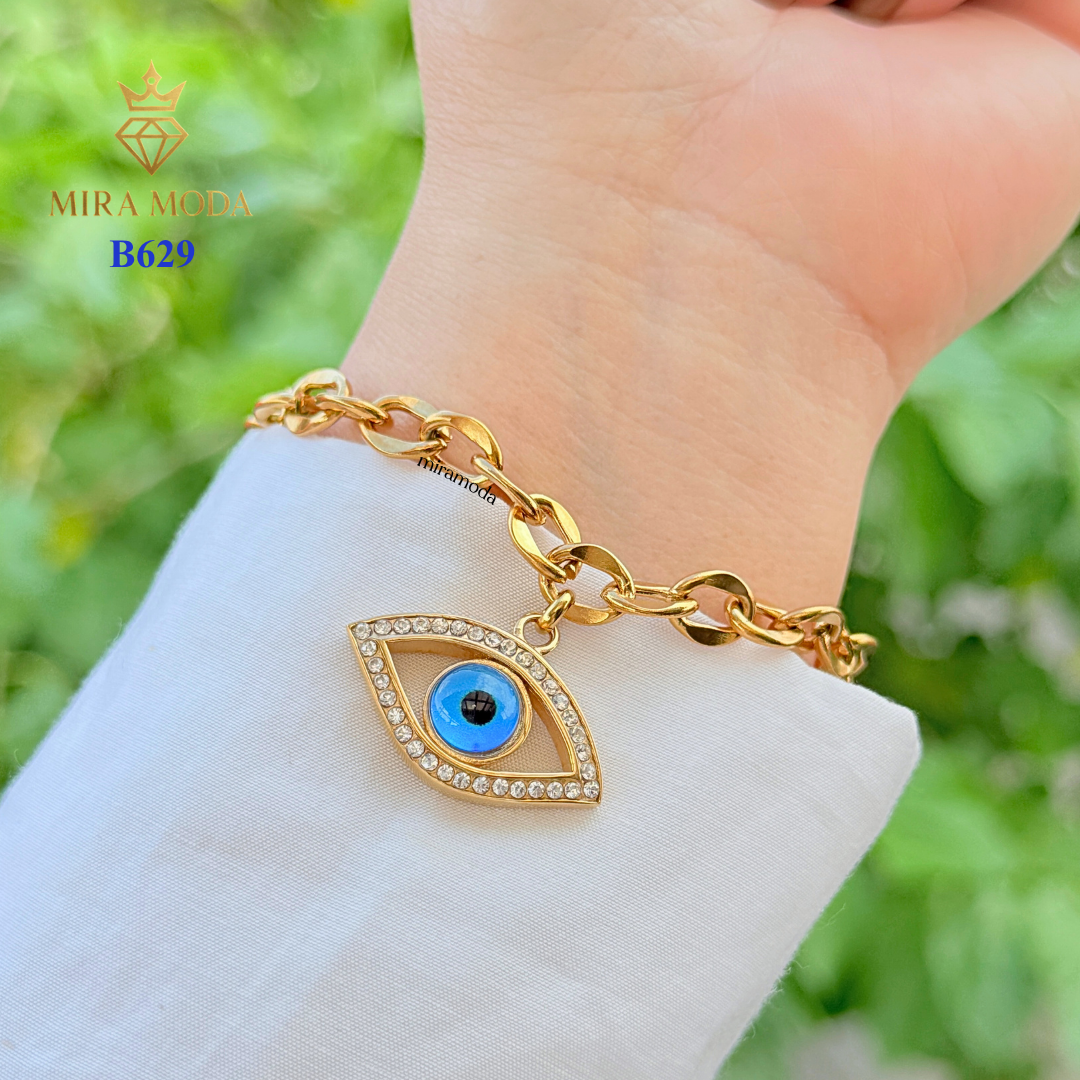 B629 Blue Evil Eye Bracelet Protection & Lucky Charm Chunky Rolo Chain Trendy Aesthetic | MIRA MODA