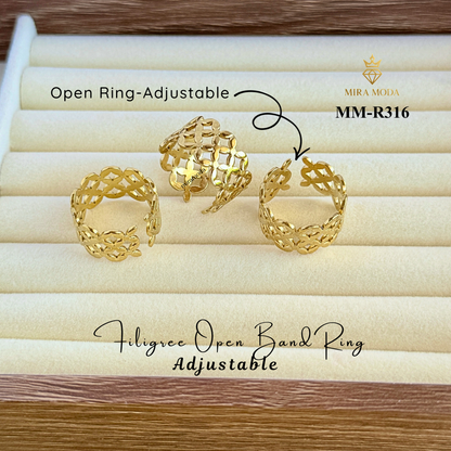 R316 Flower Adjustable Open Ring Filigree Statement for Men & Women