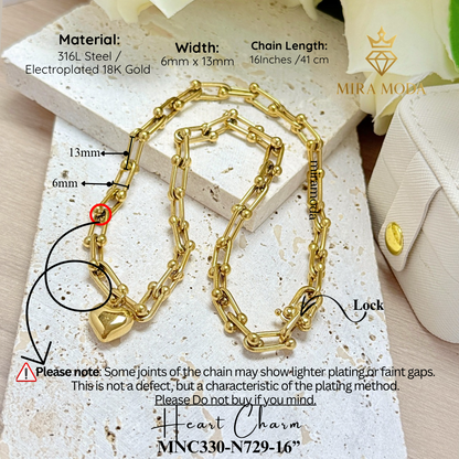 N729 Heart Charm U-Link Chain Chocker Necklace  | MIRA MODA