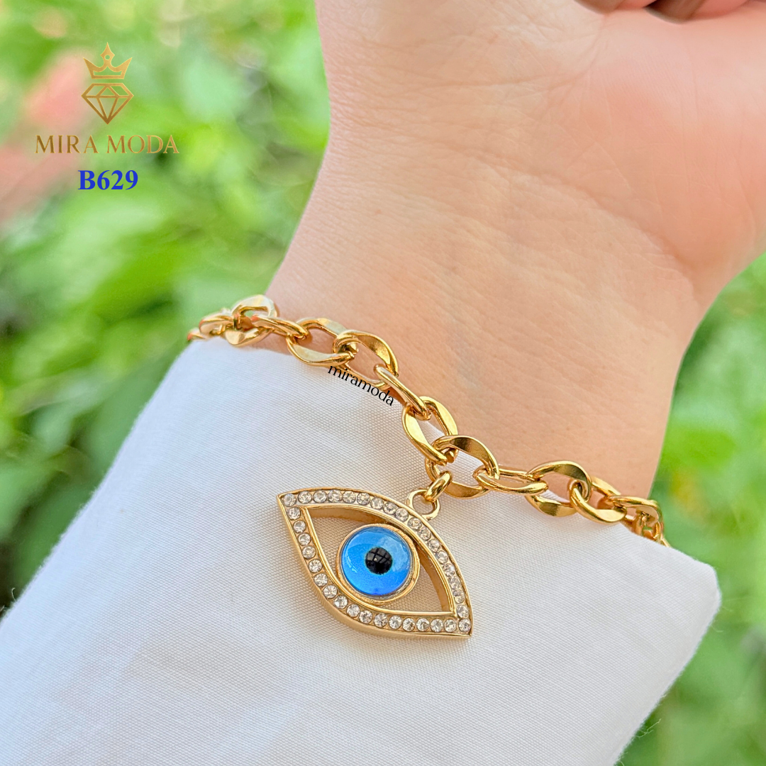 B629 Blue Evil Eye Bracelet Protection & Lucky Charm Chunky Rolo Chain Trendy Aesthetic | MIRA MODA