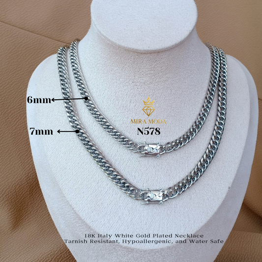 N578 Triple Lock Japan Style Necklace Italy White Gold Plated  for Men Women Non Tarnish Hypoallergenic Water Safe | MIRA MODA