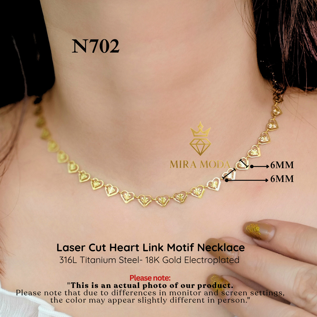 N702-Laser Cut Heart Link Necklace Gold Electroplated Elegant Motif Design 6MM for Women Lightweight | MIRA MODA