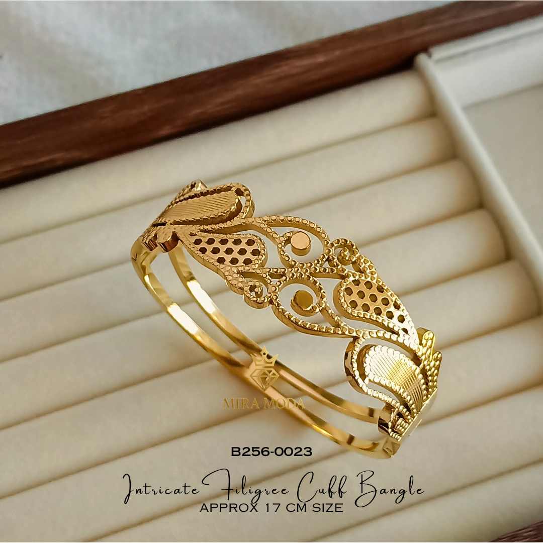 B256-Vintage Intricate Filigree Cuff Bangle Trendy Gold-Tone for Men & Women 17cm | MIRA MODA