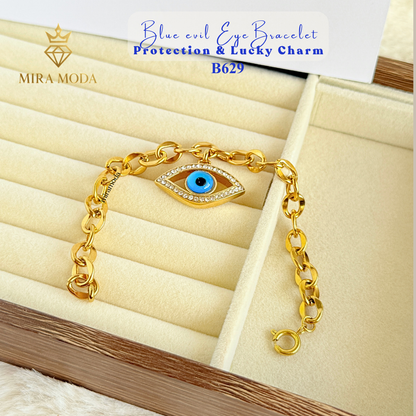 B629 Blue Evil Eye Bracelet Protection & Lucky Charm Chunky Rolo Chain Trendy Aesthetic | MIRA MODA