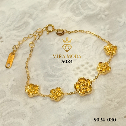 S024 Elegant Rose Motif Gold Plated Bracelet 7 Inches Adjuatable Hypoallergenic for Women | MIRA MODA