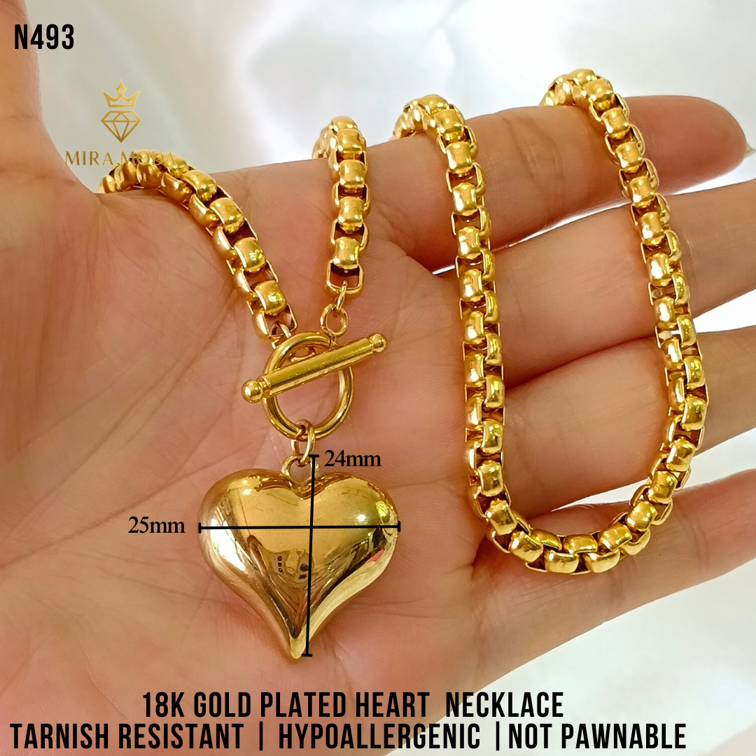 N493 Big Heart 18 Inches 18K Gold Plated Necklace for Women Hypoallergenic N494 N546 N545 | MIRA MODA