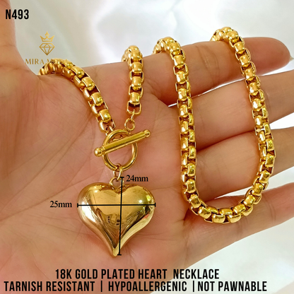N493 Big Heart 18 Inches 18K Gold Plated Necklace for Women Hypoallergenic N494 N546 N545 | MIRA MODA