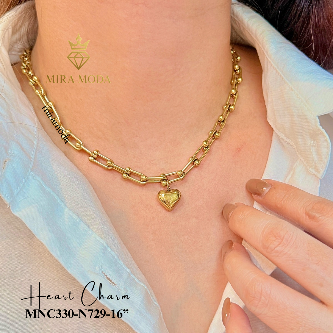 N729 Heart Charm U-Link Chain Chocker Necklace  | MIRA MODA