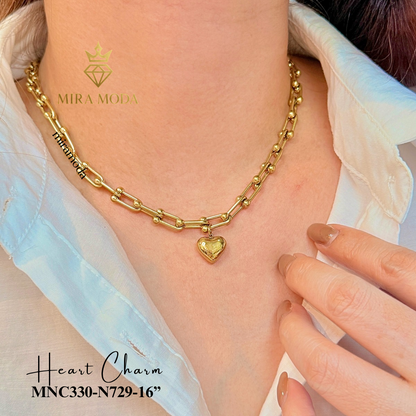 N729 Heart Charm U-Link Chain Chocker Necklace  | MIRA MODA