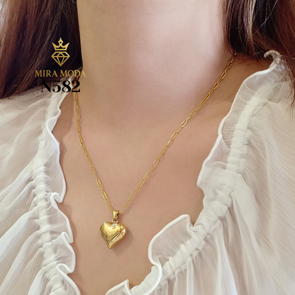 N582 Heart Pendant Necklace Gold Plated for Women Paperclip Chain Hypoallergenic Tarnish Resistant | MIRA MODA