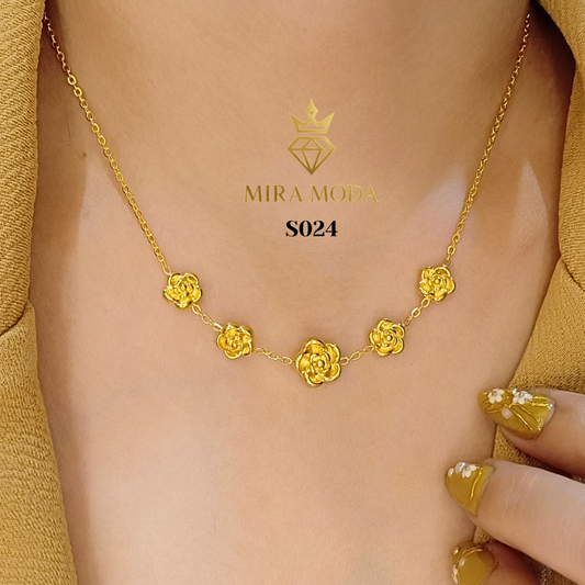 S024 Rose Motif Gold Plated Necklace Tarnish Resistant Water Safe Hypoallergenic for Women | MIRA MODA