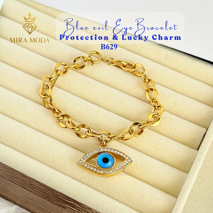 B629 Blue Evil Eye Bracelet Protection & Lucky Charm Chunky Rolo Chain Trendy Aesthetic | MIRA MODA