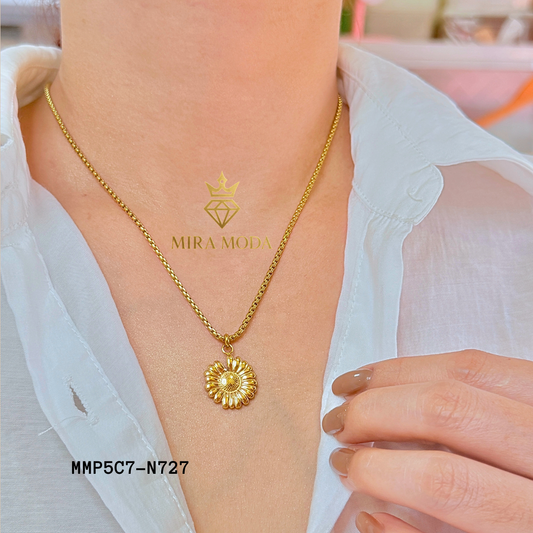 N727 Sunflower Pendant Necklace 18k Italy Gold Plated Tauco Chain for Women Tarnish Resistant Hypoallergenic 18" Round Lock with Stamp | MIRA MODA
