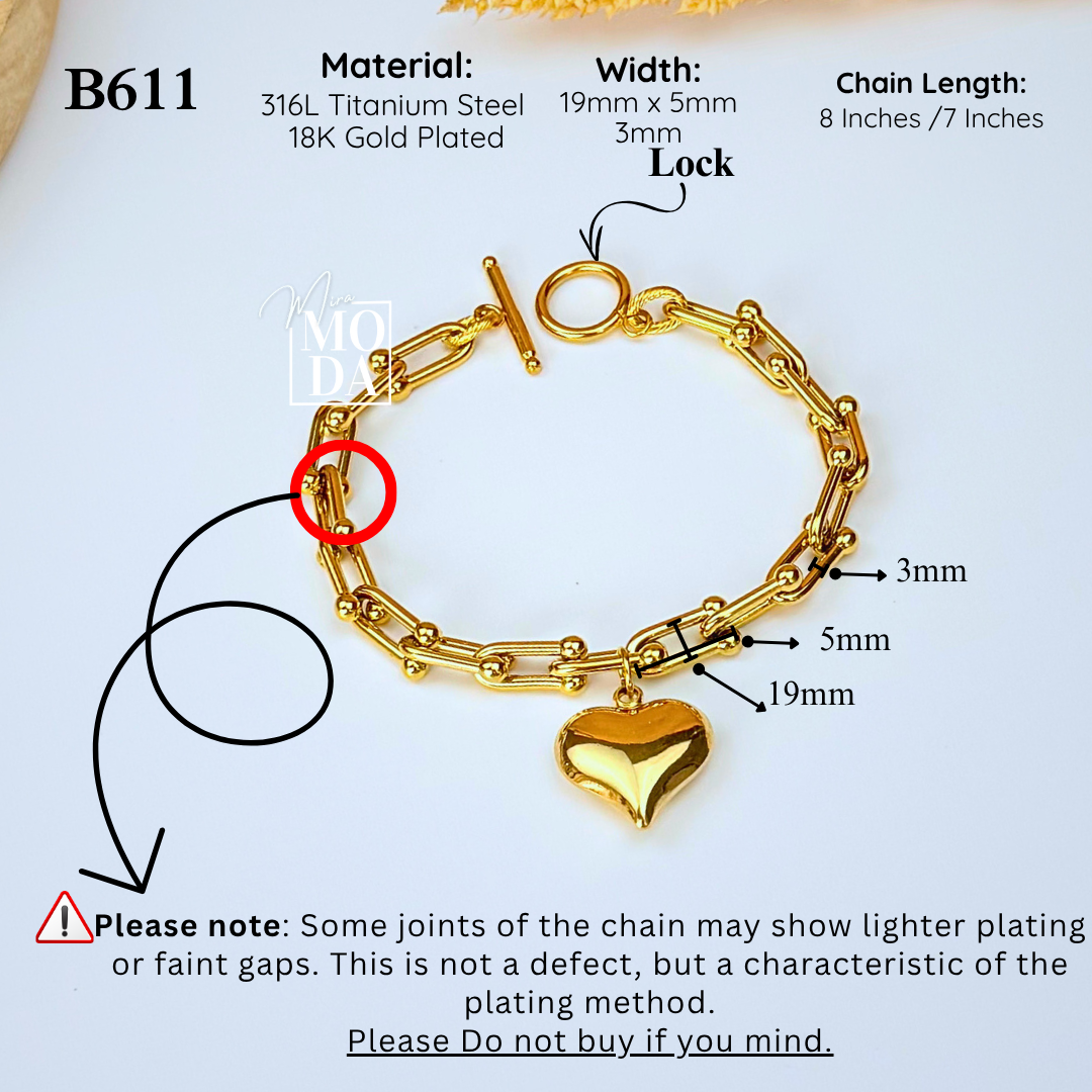 B611-Gold Heart Charm Hardware Bracelet