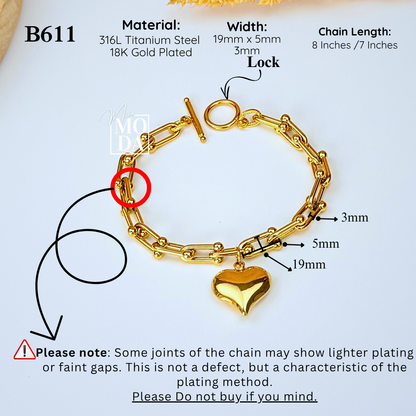B611-Gold Heart Charm Hardware Bracelet