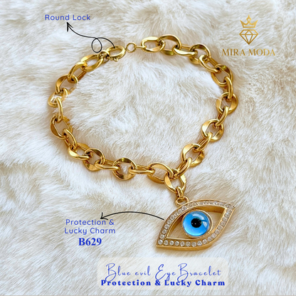 B629 Blue Evil Eye Bracelet Protection & Lucky Charm Chunky Rolo Chain Trendy Aesthetic | MIRA MODA