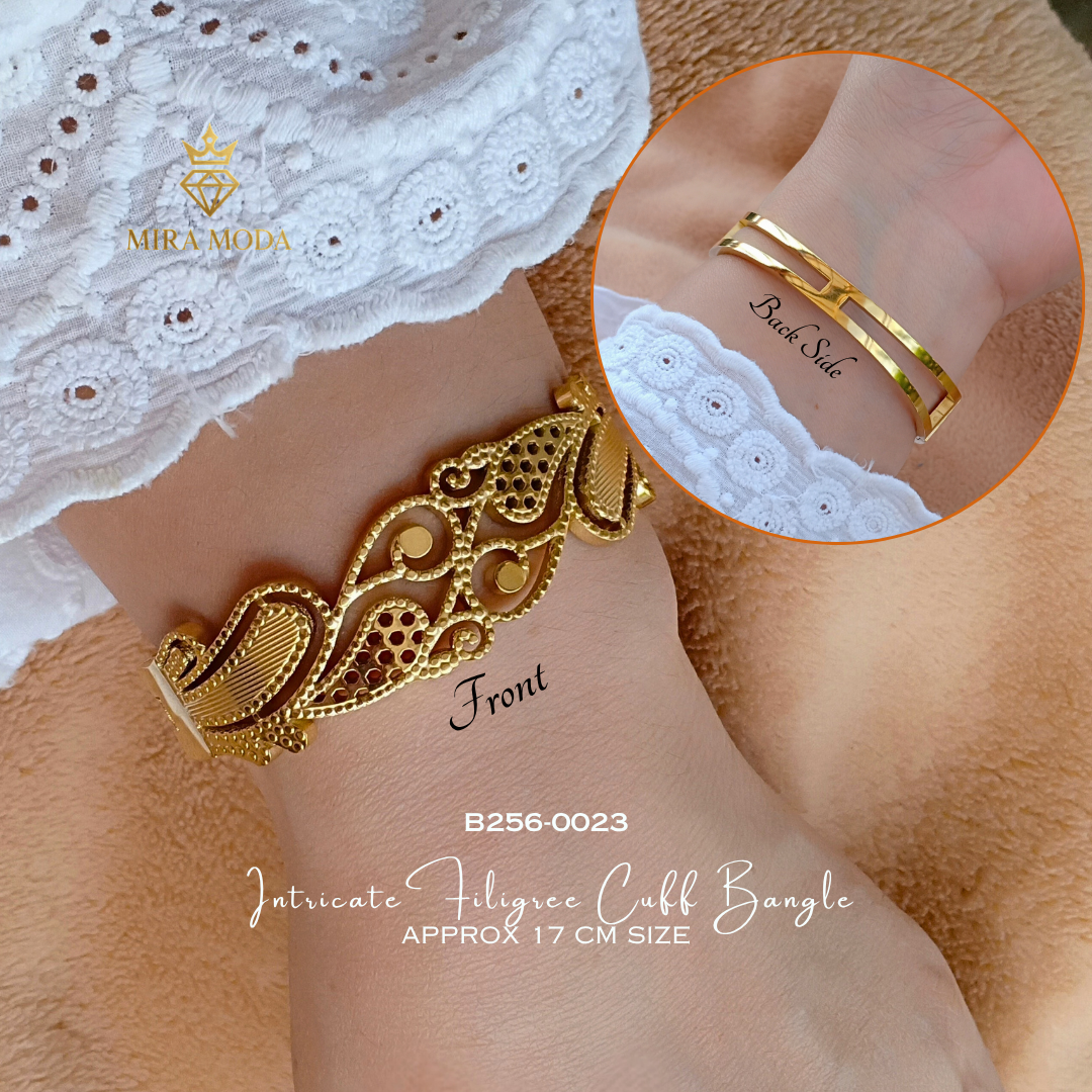 B256-Vintage Intricate Filigree Cuff Bangle Trendy Gold-Tone for Men & Women 17cm | MIRA MODA