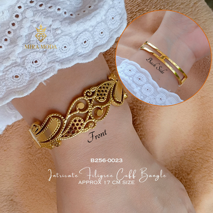 B256-Vintage Intricate Filigree Cuff Bangle Trendy Gold-Tone for Men & Women 17cm | MIRA MODA