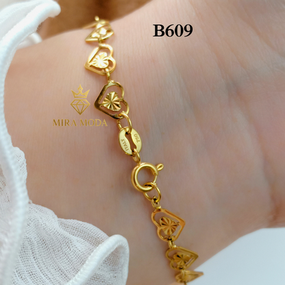 B609-Laser Cut Heart Link Bracelet Gold Electroplated Elegant Motif Design 6MM for Women Lightweight | MIRA MODA