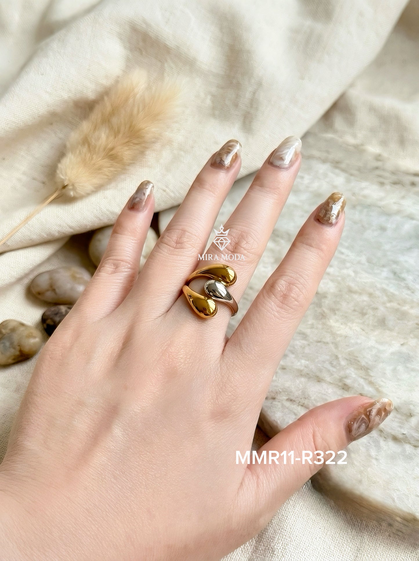R322 Triple Tear Drop Two Tone Adjustable Ring