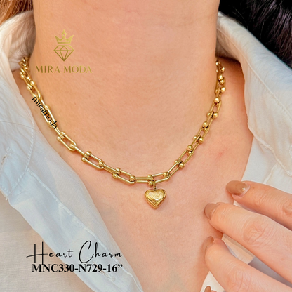 N729 Heart Charm U-Link Chain Chocker Necklace  | MIRA MODA