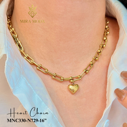 N729 Heart Charm U-Link Chain Chocker Necklace  | MIRA MODA