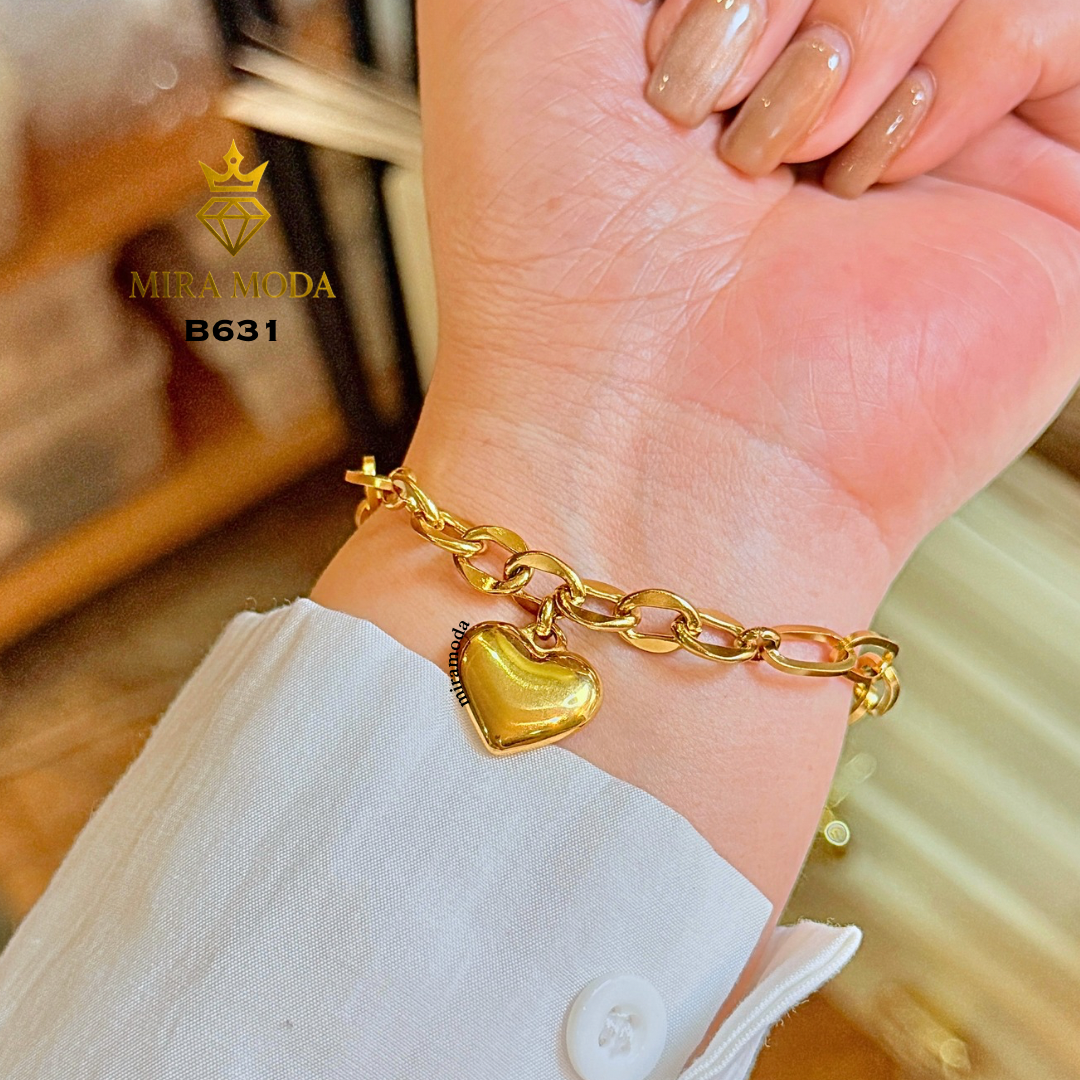 B631 Heart Charm Paperclip Link Gold Plated Bracelet for Women Tarnish Resistant Hypoallergenic
| MIRA MODA