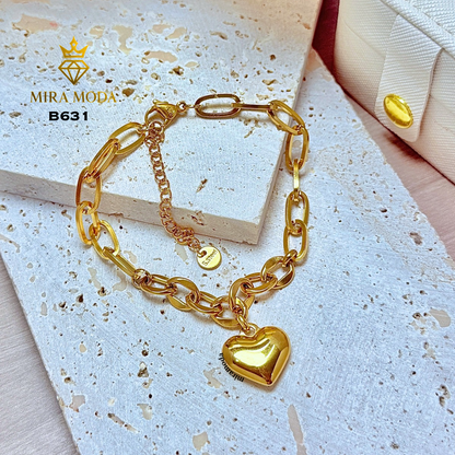 B631 Heart Charm Paperclip Link Gold Plated Bracelet for Women Tarnish Resistant Hypoallergenic
| MIRA MODA