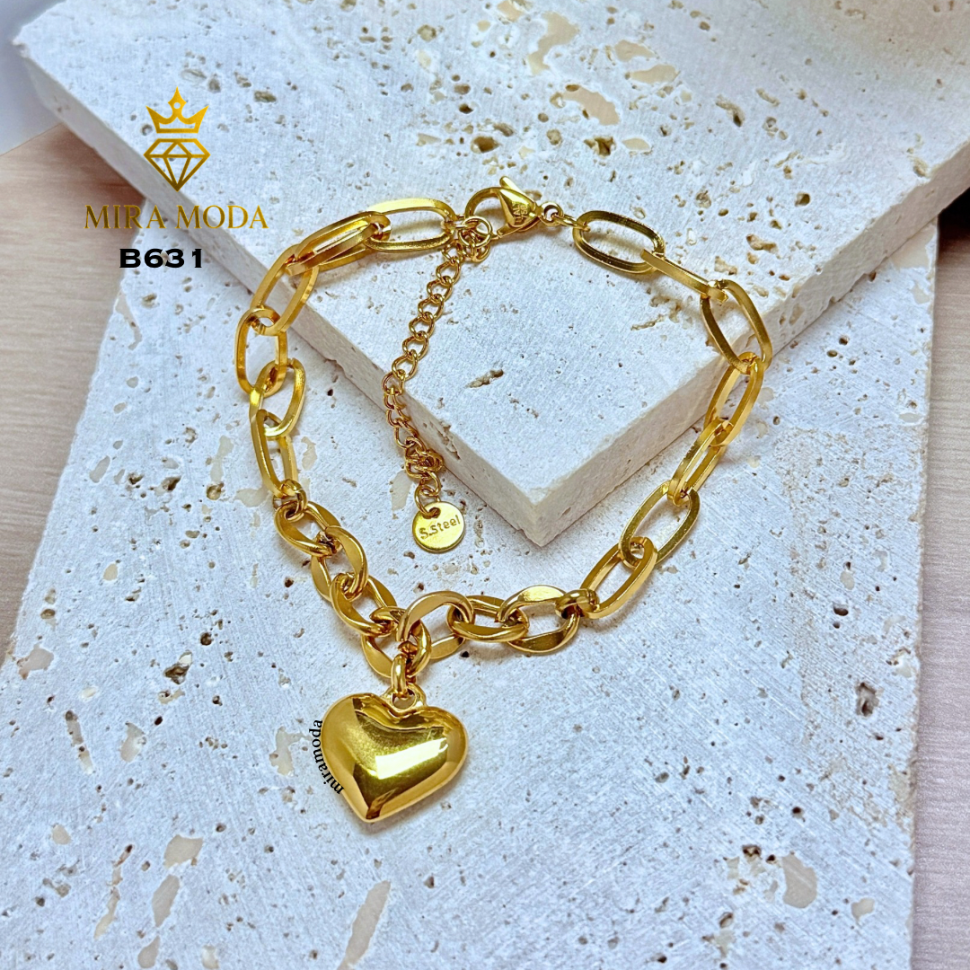 B631 Heart Charm Paperclip Link Gold Plated Bracelet for Women Tarnish Resistant Hypoallergenic
| MIRA MODA