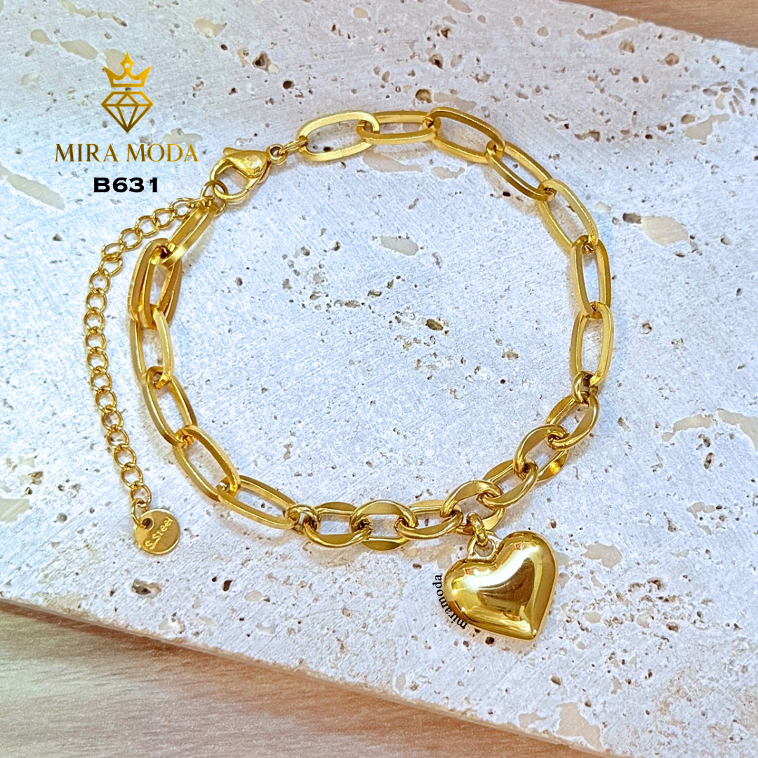 B631 Heart Charm Paperclip Link Gold Plated Bracelet for Women Tarnish Resistant Hypoallergenic
| MIRA MODA