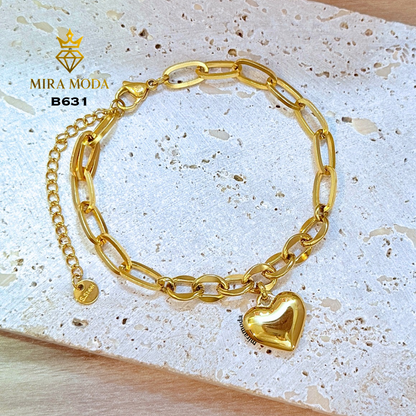 B631 Heart Charm Paperclip Link Gold Plated Bracelet for Women Tarnish Resistant Hypoallergenic
| MIRA MODA