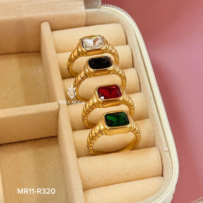 R320 Chunky Gold Signet Ribbed Ring Emerald Cut
