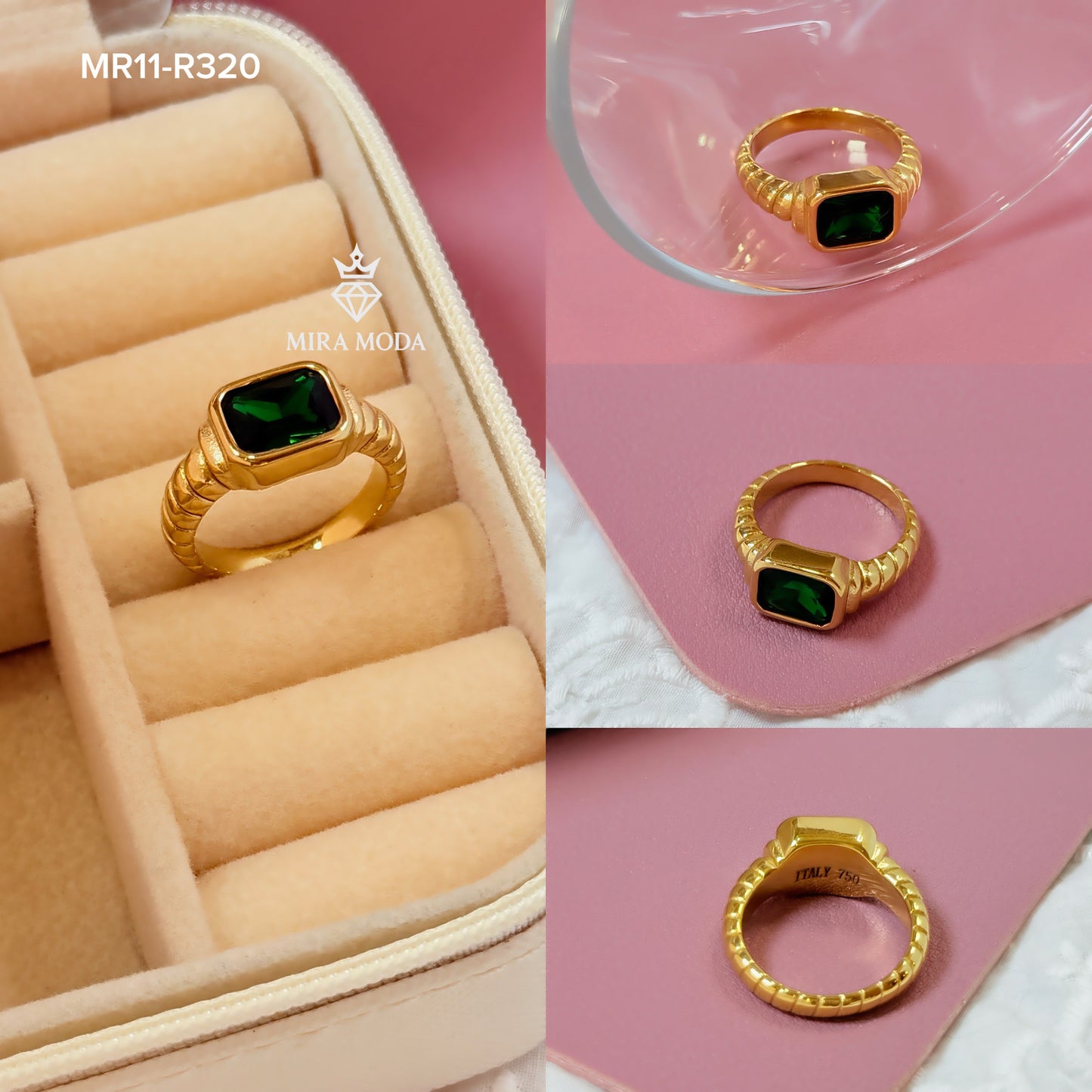 R320 Chunky Gold Signet Ribbed Ring Emerald Cut