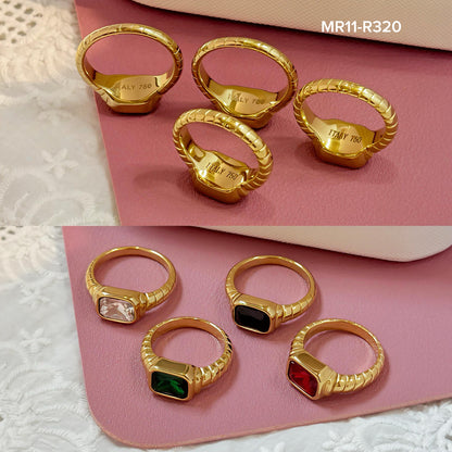 R320 Chunky Gold Signet Ribbed Ring Emerald Cut